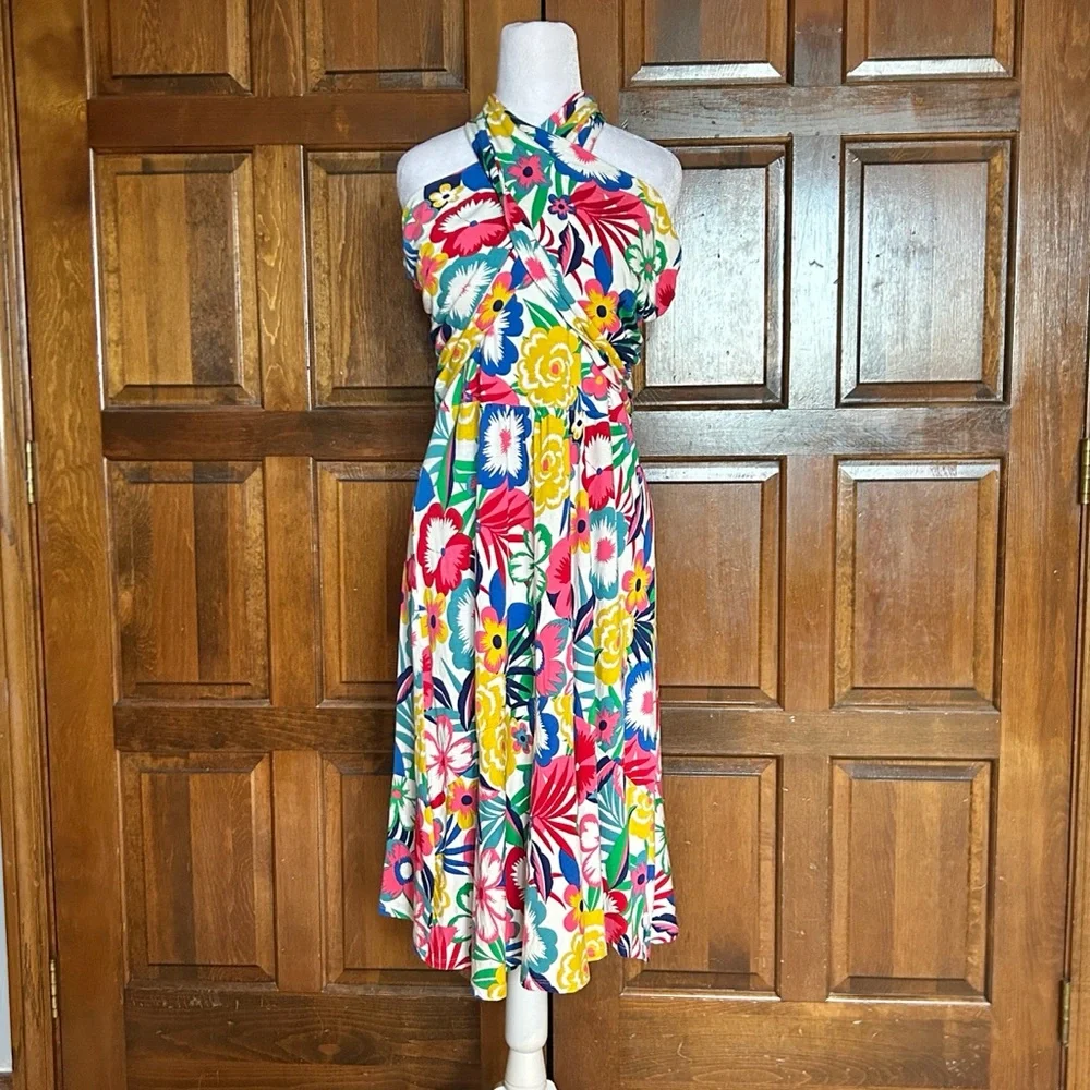 Boden Lilah Multiway Dress 12 Tropical Bloom Floral Smocked Bandeau Halter Midi
